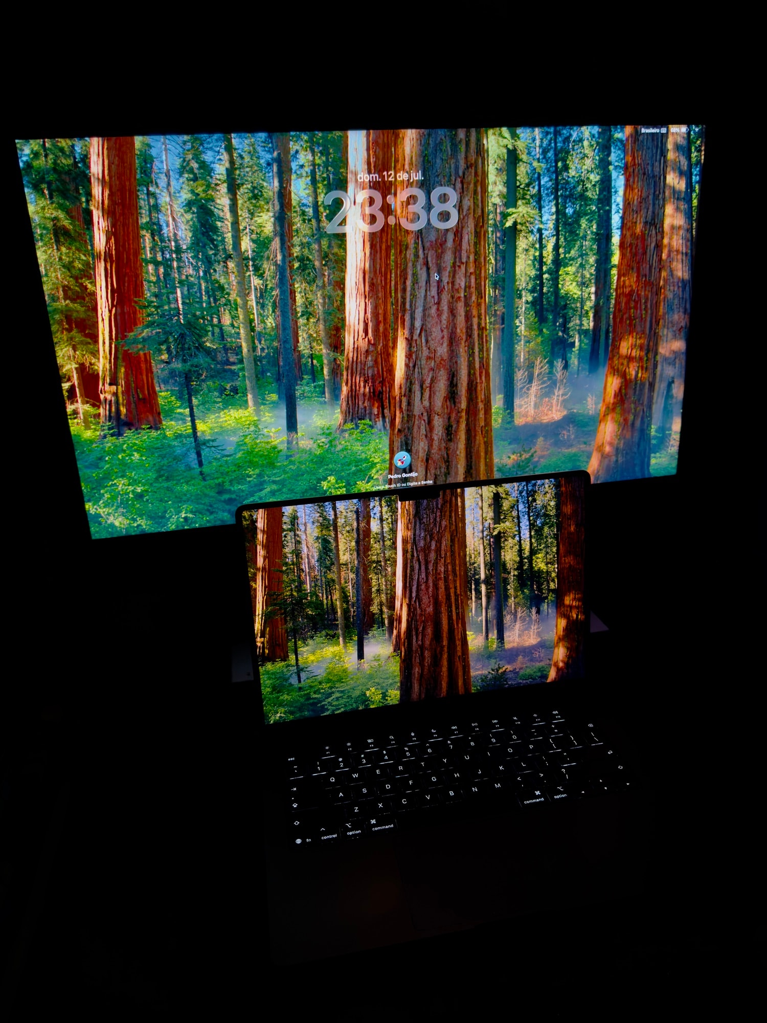 MacBook Pro in front of the LG UltraGear monitor in a dark room, both showing a redwood forest wallpaper